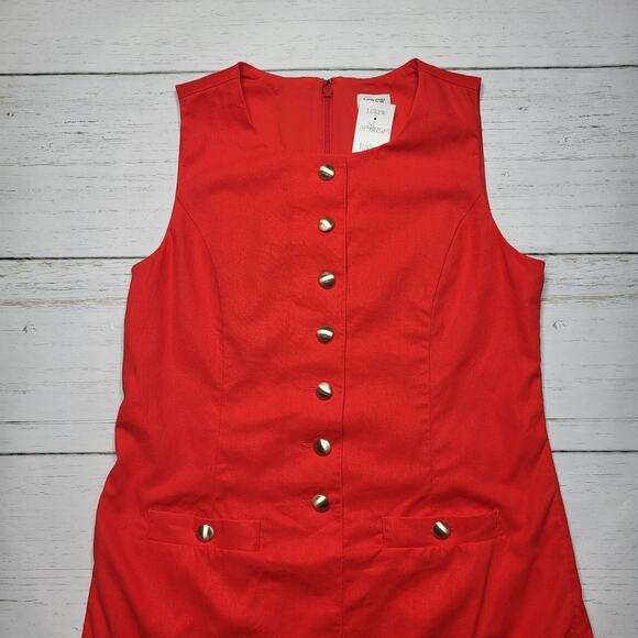 J Crew Red Linen Cotton Blend Gold Button Front Mini Shift Dress Sleeveless 4 - Picture 4 of 8